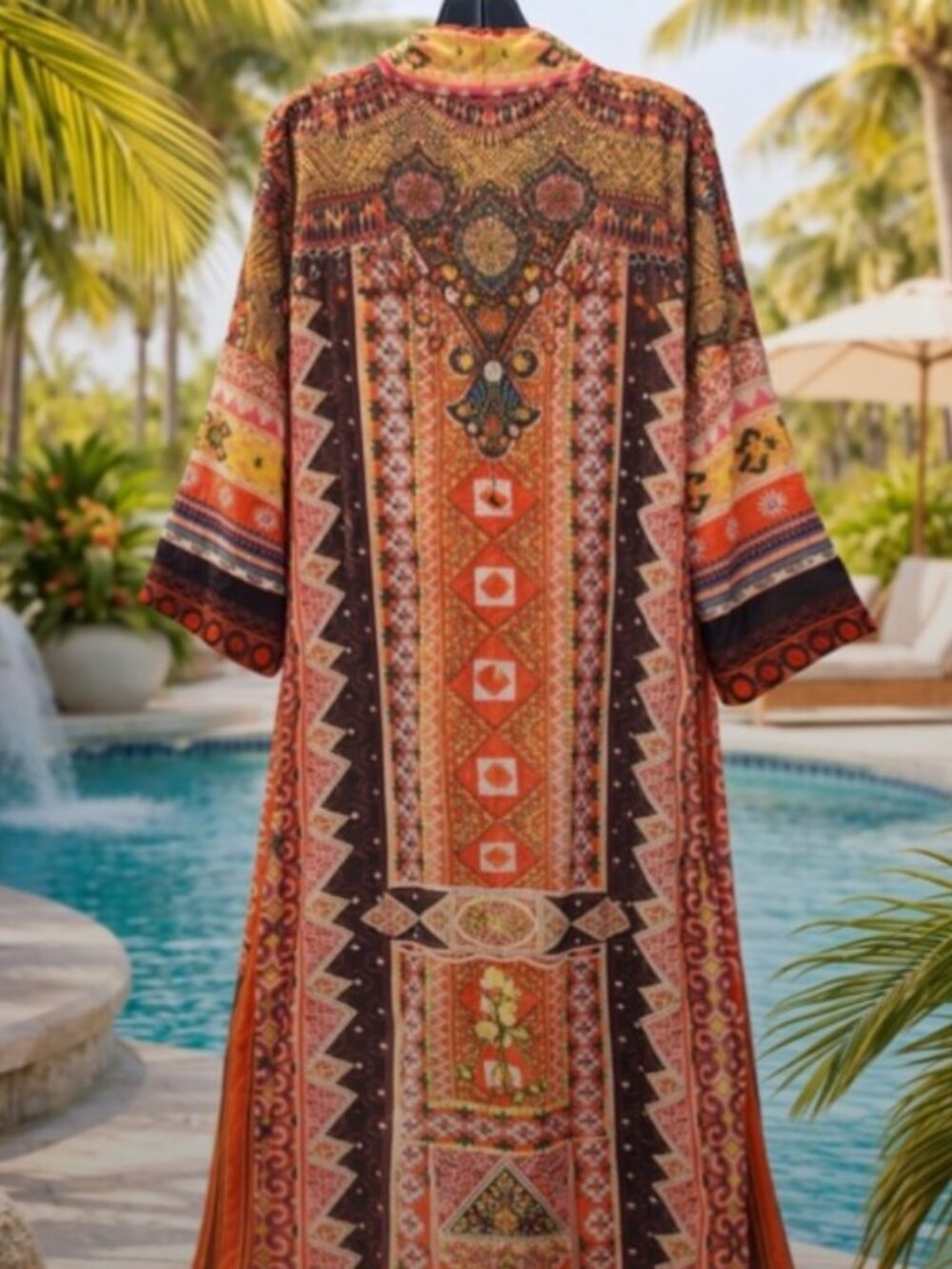 Boho Maxi Kimono Beach Cover Up in Rust Multi - Picture 3 of 10
